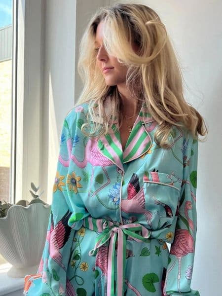 Ins style ice silk flamingo pajamas womens spring and summer long sleeved pants home set plant flower pajamas women 250321