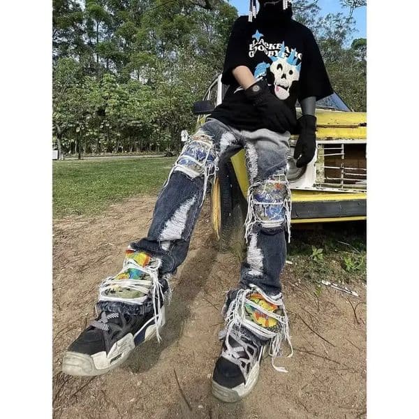 Destructive Brush Washed Heavy Industrial Embroidered Jeans for Men and Women in Europe America Street Trendy Trouser 250320Z