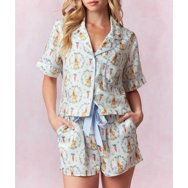 2026 Heziowyun Womens 2-Piece Easter Casual Pajama Set With Short Sleeved Collar Rabbit Carrot Print Button Top And Drawstring Shorts Free Shipping