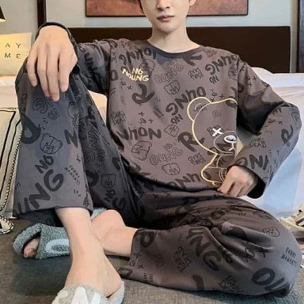 Two-Piece Set Autumn Winter Women Pajamas Men Long-Sleeved Cartoon Letters Bear Pullover Sleepwear Ladies Big Size Homewear 250321