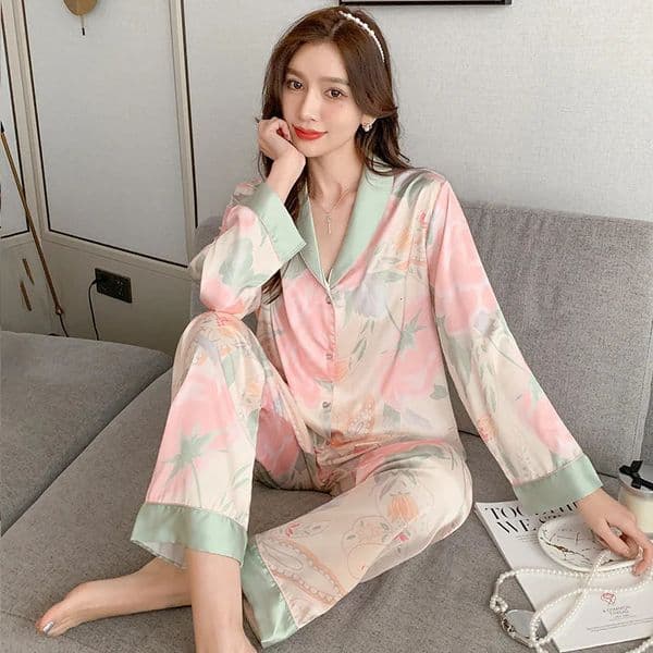 Spring and summer womens sleepwear two-piece womens summer thin silk sweet casual sleepwear set 250321