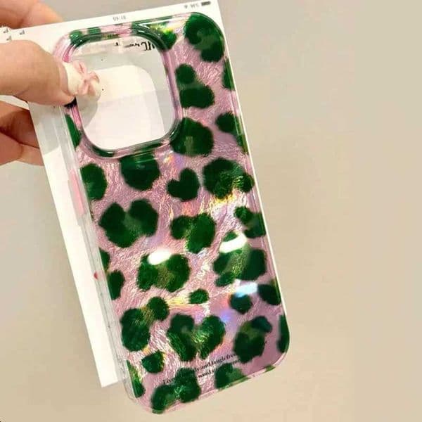 Vortex Pattern Pink Background Green Leopard Color Blocking Phone Case for 11 12 13 14 15 16 Pro Max Hard Back CoverXJ250321
