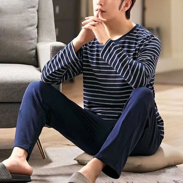Mens Long-Sleeved Pajamas Autumn and Winter Pajamas Student Homewear Teenagers Autumn Striped Pajamas Mens Homewear Large Size Xl 250321