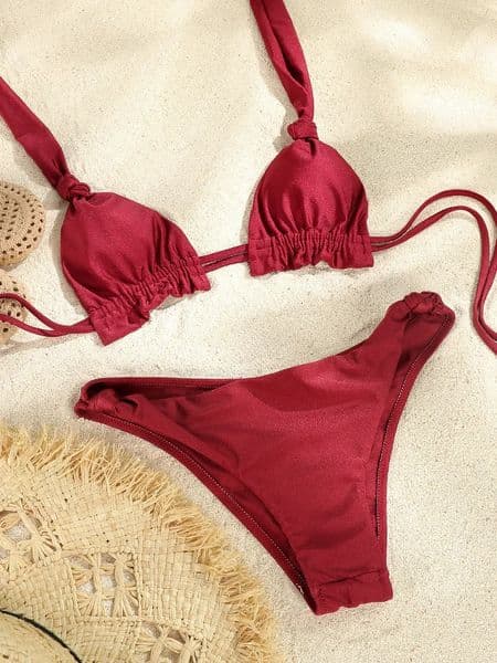 Womens Swimwear 2024 Bikinis Thongs Swimsuit Knot Biquinis Bandage Beachwear Solid Bathing Suit Sexy Bikini Sets Triangle Cup 250321