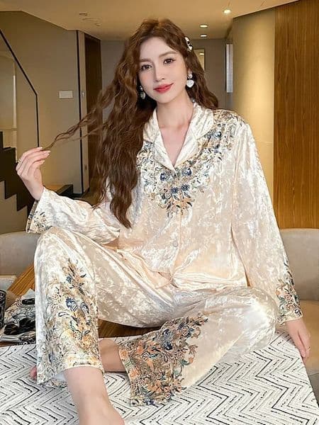 2026 Spring Autumn Pajamas Womens Korean-Style Lapel Golden Velvet Top With Pants For Outer Wear Home Clothes Free Shipping