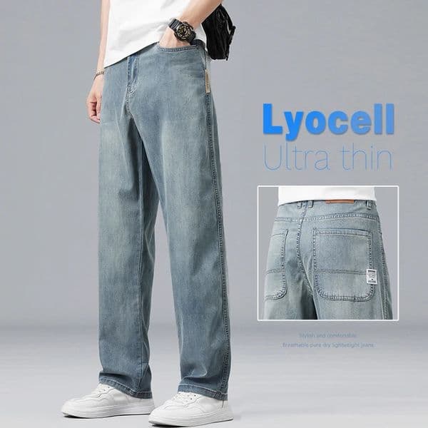 Summer ultrathin Lyocell mens jeans dresses soft fabrics loose straight casual denim pants elastic ice silk Trousers 250312