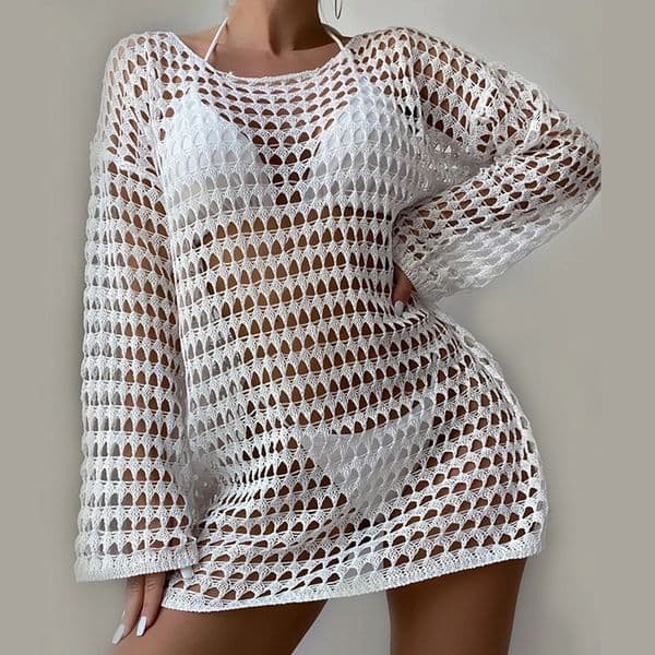 Womens sexy knitted hollow floral round neck long sleeved bikini swimsuit cover Long Beach womens lapel dress 250317