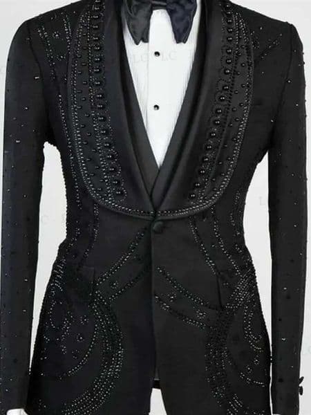 Black Men Suits 3 Pieces Blazer Vest Pants One Button Wide Lapel Beadings Dias Party Wedding Groom Plus Size Tailored