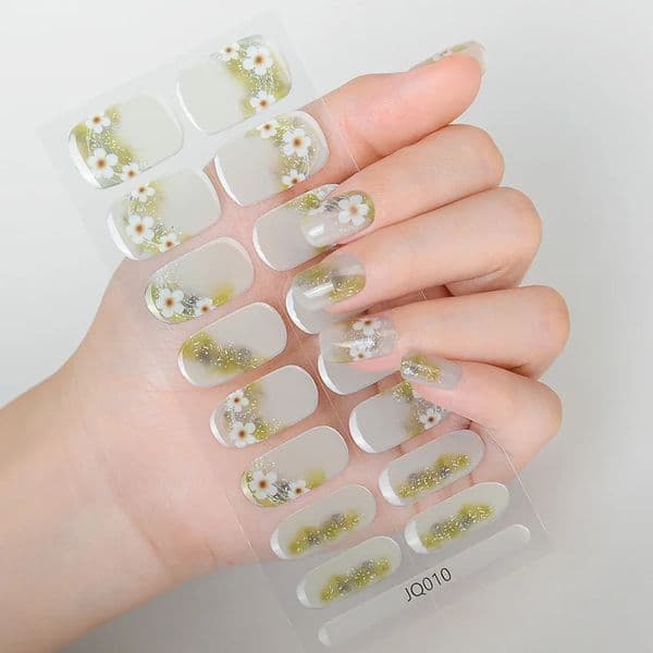 16Tips Spring Green Flower Gel Nail Strips Patch Sliders Adhesive Waterproof Long Lasting Full Cover Gel Stickers Nail Wraps 250314