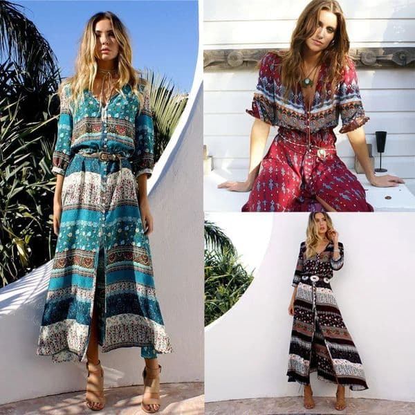Cross Border seller Thailand vacation open top dress with single button print beach long sleeved womens clothing 250317