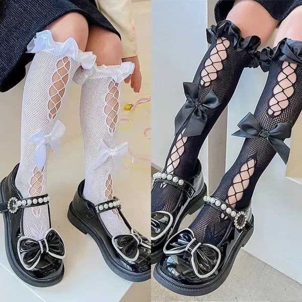 Childrens Road Lolita Little Cow Socks Girl Cute Bow Fish Net Hollow Long Socks Japanese JK Sweet Lace Ear Socks X250322