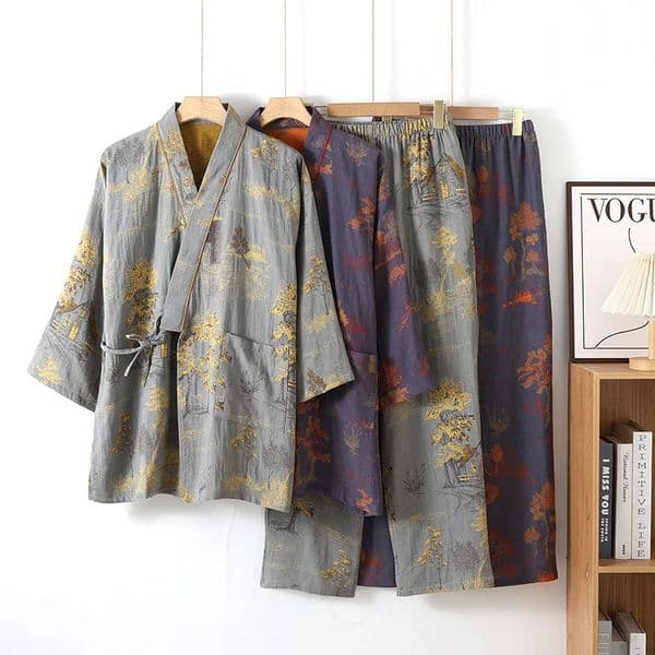 2026 Retro Printed Cotton Mens Clothing Autumn Loose Set Kimono Sleepwear Top Pants Casual Wear Free Shipping