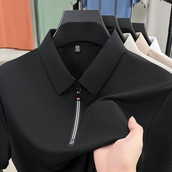 2025 mens solid color polo shirt short sleeved zipper summer lightweight street clothing breathable top 250322