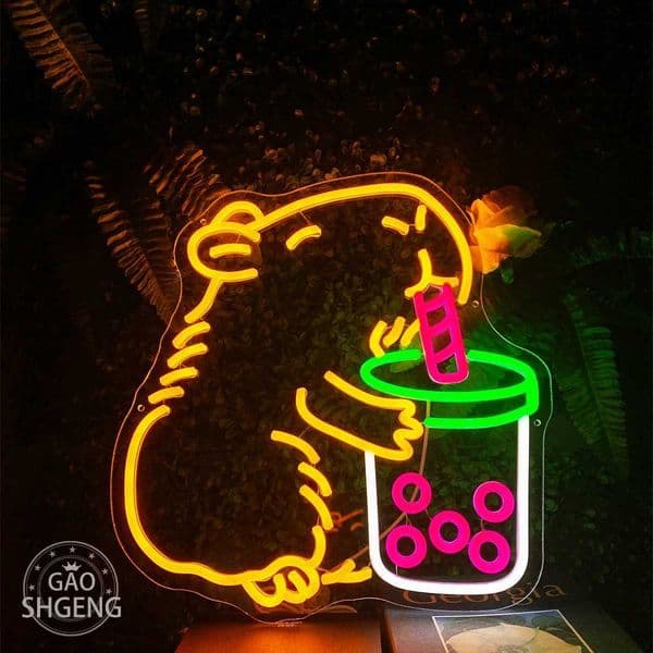 Drinking milk tea Marmot neon light tea shop decoration cartoon lighting in bedrooms and childrens rooms creating a happy atmosphere X250322
