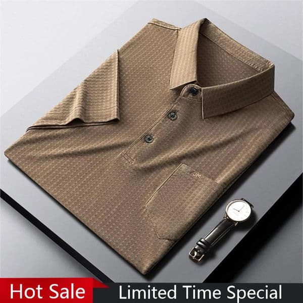 Korean Fashion Ice Silk Pockets Polo Shirt Summer Elasticity Business Casual Short-sleeved Lapel T-Shirt Men Clothing 250322