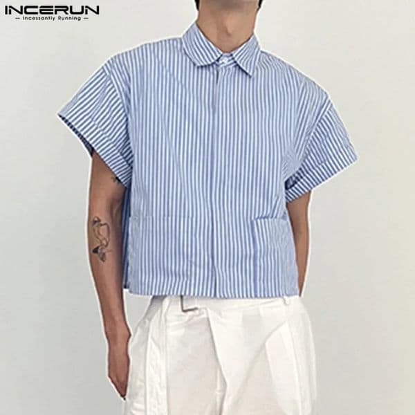 INCERUN Mens Shirt Striped Collar Short Sleeve Pocket Button Casual Mens Street Clothing Summer Loose Mens Shirt S-5XL 250321BJ