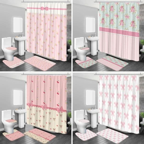1/4 Pcs Cute Bow Shower Curtain Set Modern Simple Plaid Love Heart European Lace Bathroom Decor Toilet Cover Carpet With Hooks 250320