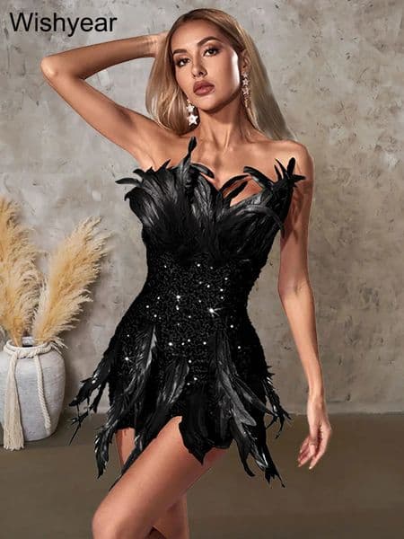 Year y Birthday Party Women Short Dress Sexy Off Shoulder Strapless Glitter Sequin Velvet Feather Evening Prom Dresses 250320