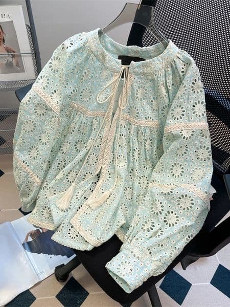 French Blouses Hollow Out Embroidery Long Sleeve Patchwork Lace Up Shirts Casual Loose All Match Elegant Women Clothing 250318