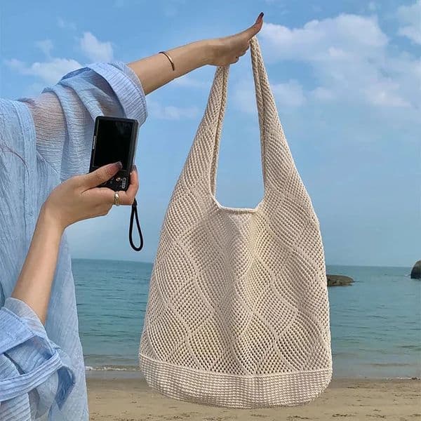 Trend Womens Bag Crochet Hook Handbag Retro Knitted Solid Color Hollow Top Handle Handbag Travel Shopping Shoulder Bag 250320