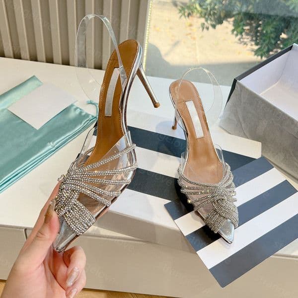 Women's Luxury High Heels Slingback Pumps Designer Wedding Party Shoes Sexy Satin/PVC/Metallic Heels with Leather Sole Sizes 35-42 womens sandals 100% Real leather