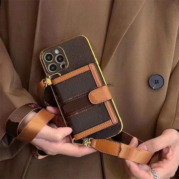 Fashion Designer Phone Cases for iphone 17 Series 16 16pro 15 15Pro 14 14pro 13 13pro 12 pro max Luxury Lychee Leather Pattern Wallet phone Cover with Lanyard