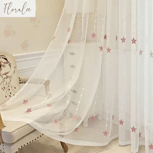Curtain Pink Embroidered Star Voile For Kid Girls Bedroom Sheer Living Room Kitchen Window Drapes Korean Tulle P3093