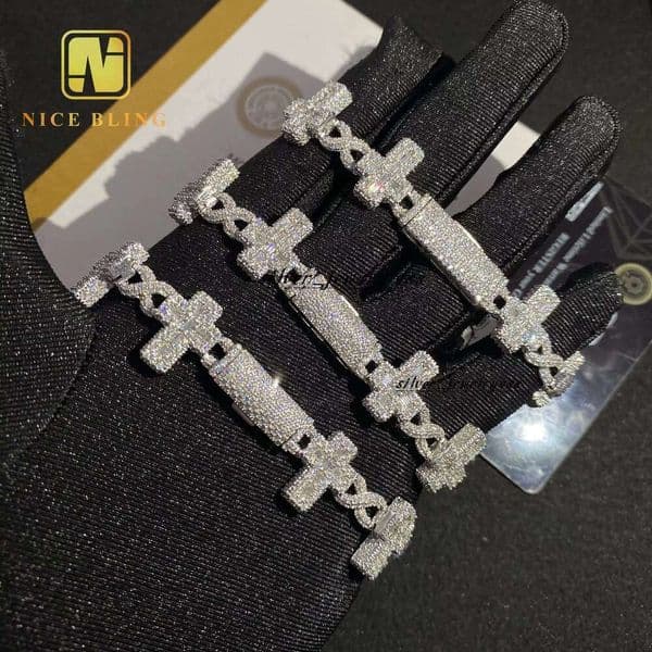 Classic Iced Out Hip Hop Jewelry Emerald Cut Dia 15Mm Cuban K Chain Moissanite Cross Bracelet Necklace
