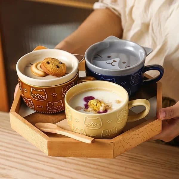 Japanese cartoon cat coffee cup with animal pattern Lid small plate cute breakfast creative milk gift 250325
