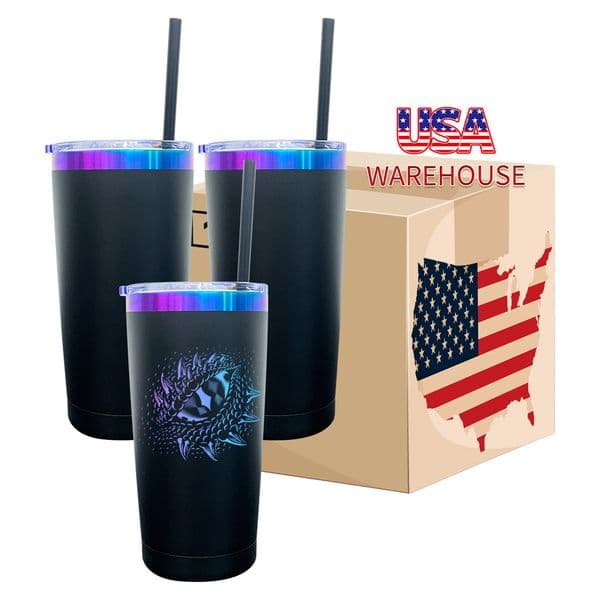 Laser Engraved powder coated 20oz blue purple plated insulated travel double walled stainless steel vacuum insulated cup with lid and straw