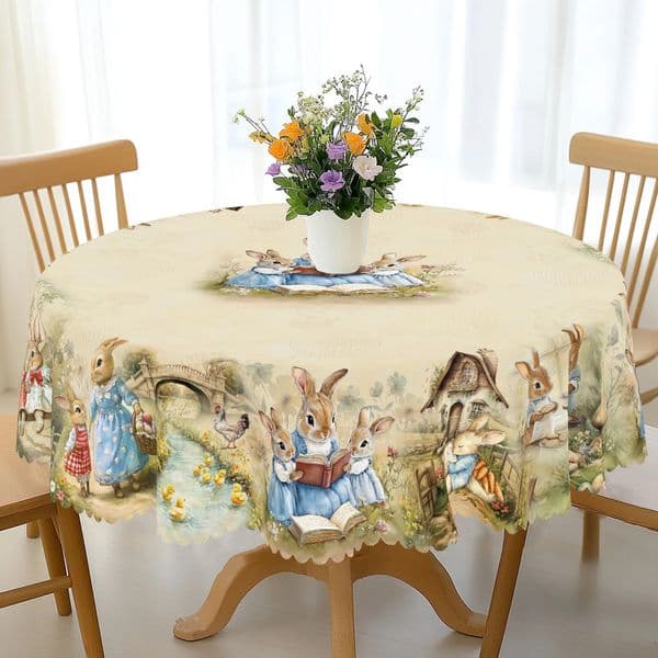 1 Easter Round Tablecloth 5 Sizes Available Retro Easter Bunny Egg Flower Print Square Tablecloth Edge Embossing Process Easter Decoratio 250326