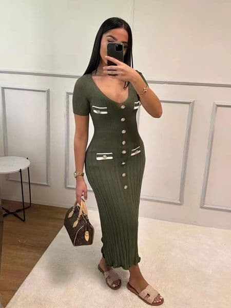 Office Lady Elegant Knitted Long Dress Summer Short Sleelve V Neck Single Breasted Bodycon Dresses Women Party Fashion Vestidos 250325