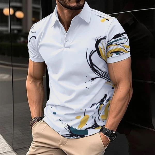 2025 Fashion Summer -Selling Mens Short-Sleeved Polo Shirt Positioning Digital Print Lapel Button Street Mens Top 250324BJ