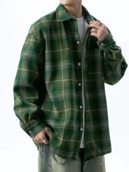 Retro green plaid shirt mens long sleeve spring and autumn loose casual shirt casual coat 250325