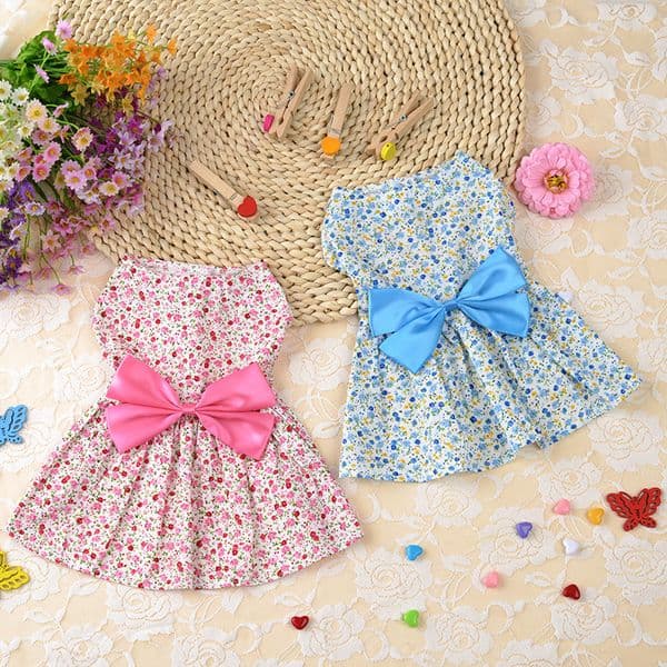 Dog Summer Floral Princess Dress Cute Dog Skirt with Elegant Bowknot Soft Small Dog Clothes, Girl Puppy Clothes for Birthday Wedding Valentines Daily Apparel S D60