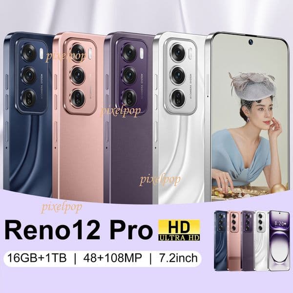The new Reno12 Pro perforated Android smartphone 16+1T large screen Cell Phones Unlock Touch Screen Phone Androids Camera Telephone HD Display Face Recognition