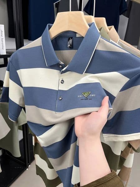 High end short sleeved polo shirt mens 2025 summer trend striped lapel Tshirt casual business Paul clothing 250322ZBANJIA