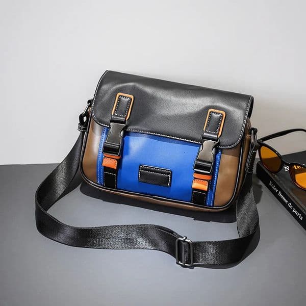 Mens Messenger Bag Fashion Patch Work PU Leather Cross Body Shoulder Square Backpack Strap Handbag 250326BJ