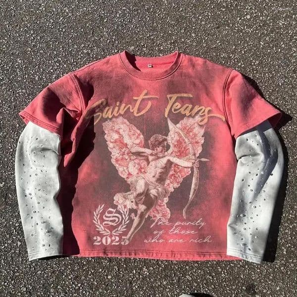Men's T Shirts Retro Gothic Punk Stamping Craft Double Layer Long Sleeved Pullover Men Clothing Round Neck Sweatshirt Tops Streetwear