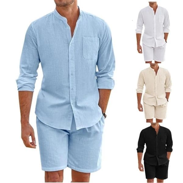 Summer Mens Casual Sets Breathable Cotton Linen Vintage Stand Collar ShirtsShorts Sets Men Comfortable Breathable Beach Suits 250314BJ