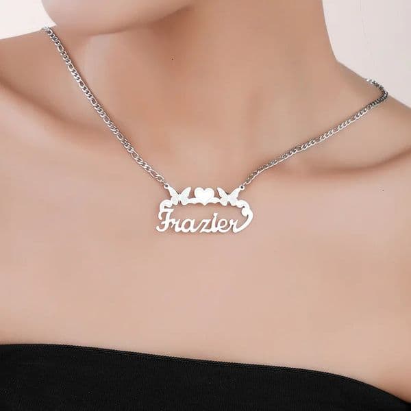 LOVE NAME Custom Name Stainless Steel Double Butterfly Heart Necklace for Women Personalized Hip Hop Pendant Charm Jewelry Gifts 250327