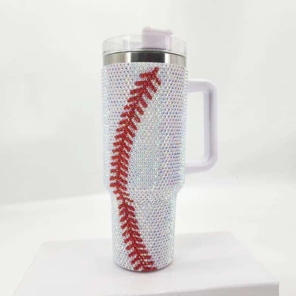 40oz baseball print Diamonds bg studded tumbler with handle lid and straw full wrap Super Sparkly Coffee Mug Hot Cold double wall Stainless Steel 20pcs/case 0326