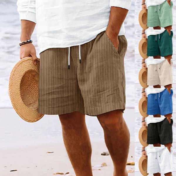 2025 New Cotton Hemp Shorts with Multiple Bags and Tethered Men's Striped Beach Pants
