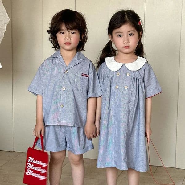 Sibling Clothes 1-8Y Childrens Summer Shirt Set Boys Striped Lapel Shirt Shorts 2Pcs Girls Peter Pan Collar Dress Kids Outfit 250328