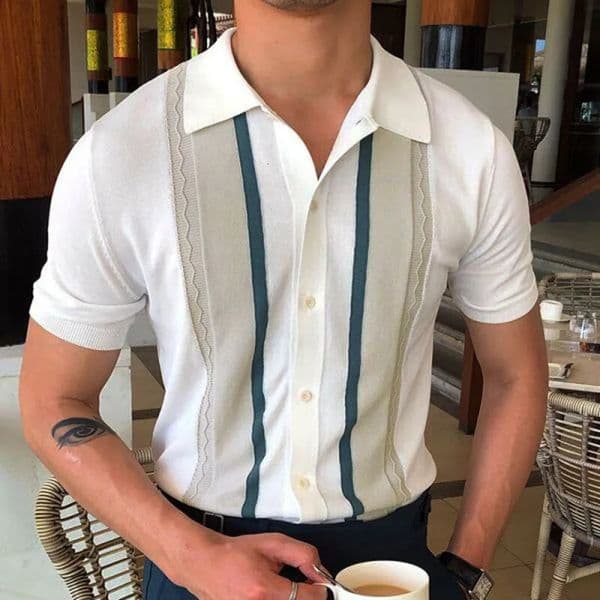 Mens Summer Business Knit Short Sleeve Polo Shirts Streetwear Button-down Breathable Striped Fashion Light Retro Shirts 250328BJ