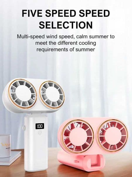 Digital display dual head fan portable handheld turbofan with adjustable wind speed of 100 mini personal fan powered by battery X250329