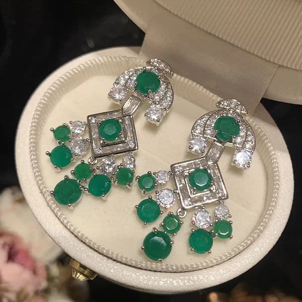 Womens green drip earrings S925 silver needle zirconia copper long tassel 250326