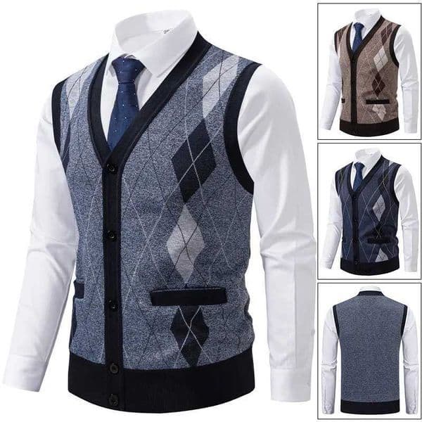 Autumn and winter mens wool knitted sweater vest ultra-thin V-neck fashionable jacquard fabric mens warm sleeveless jacket chalecos para hombre X250329