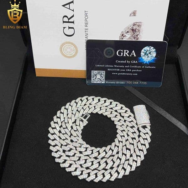 12mm Hip Hop Rapper Jewelry 2 Rows Iced Out High Quality Cuban Link Chain Vvs Moissanite 925 Silver for Men Necklace