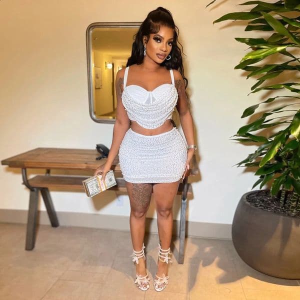 Sexy Rhinestones Pearls Club Two Piece Skirt Set Evening Party Club Women Clothing Cami Crop Top Mini Skirt 2 Pieces Set Outfits 250324